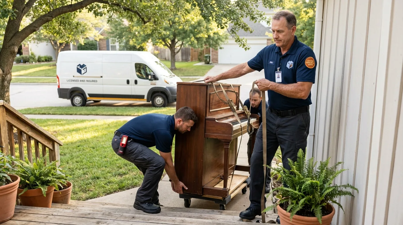 Licensed piano movers securing grand piano in Los Olivos, CA