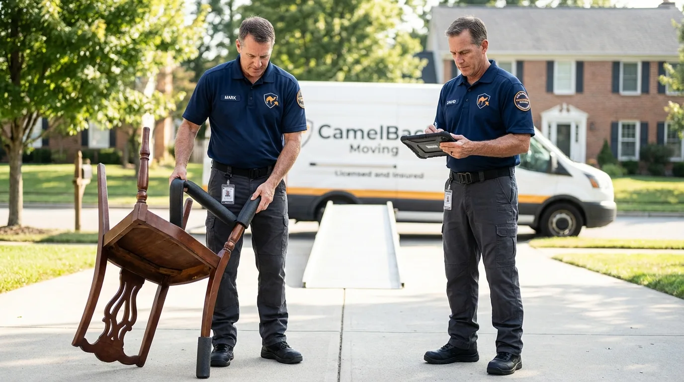 Movers inspecting furniture for damage prevention before loading in Los Olivos, CA