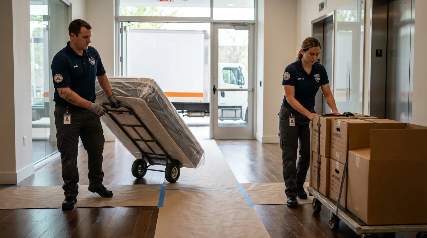 Professional apartment movers loading elevator in Los Olivos, CA